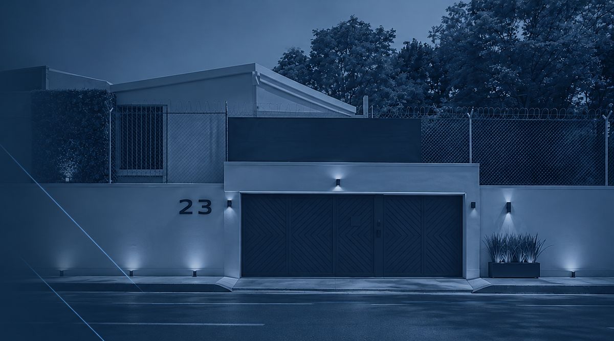 Fachada de Corporativo LM con el número 23 y portón de acceso